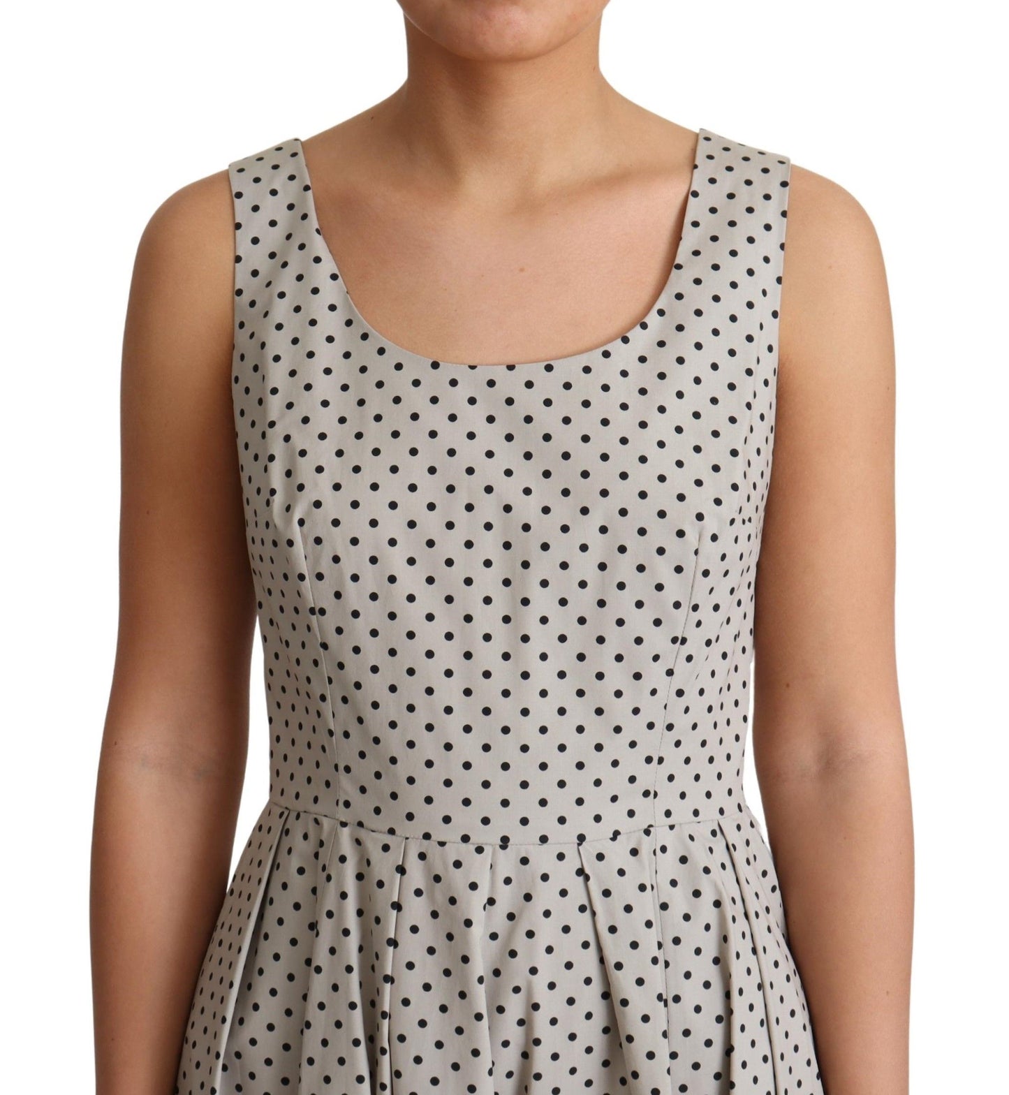 Polka-Dotted Beige Sleeveless A-line Dress