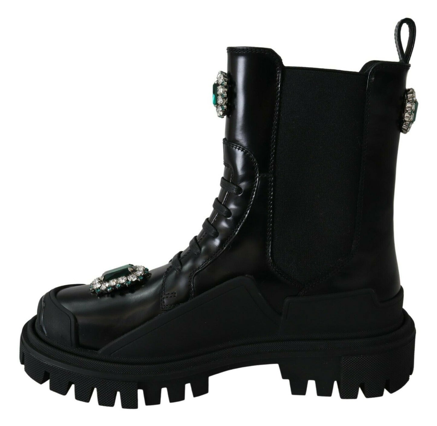 Elegantes botas militares de cuero negro con detalle de cristales