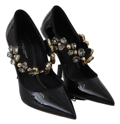 Elegantes zapatos de tacón de cristal de cuero negro