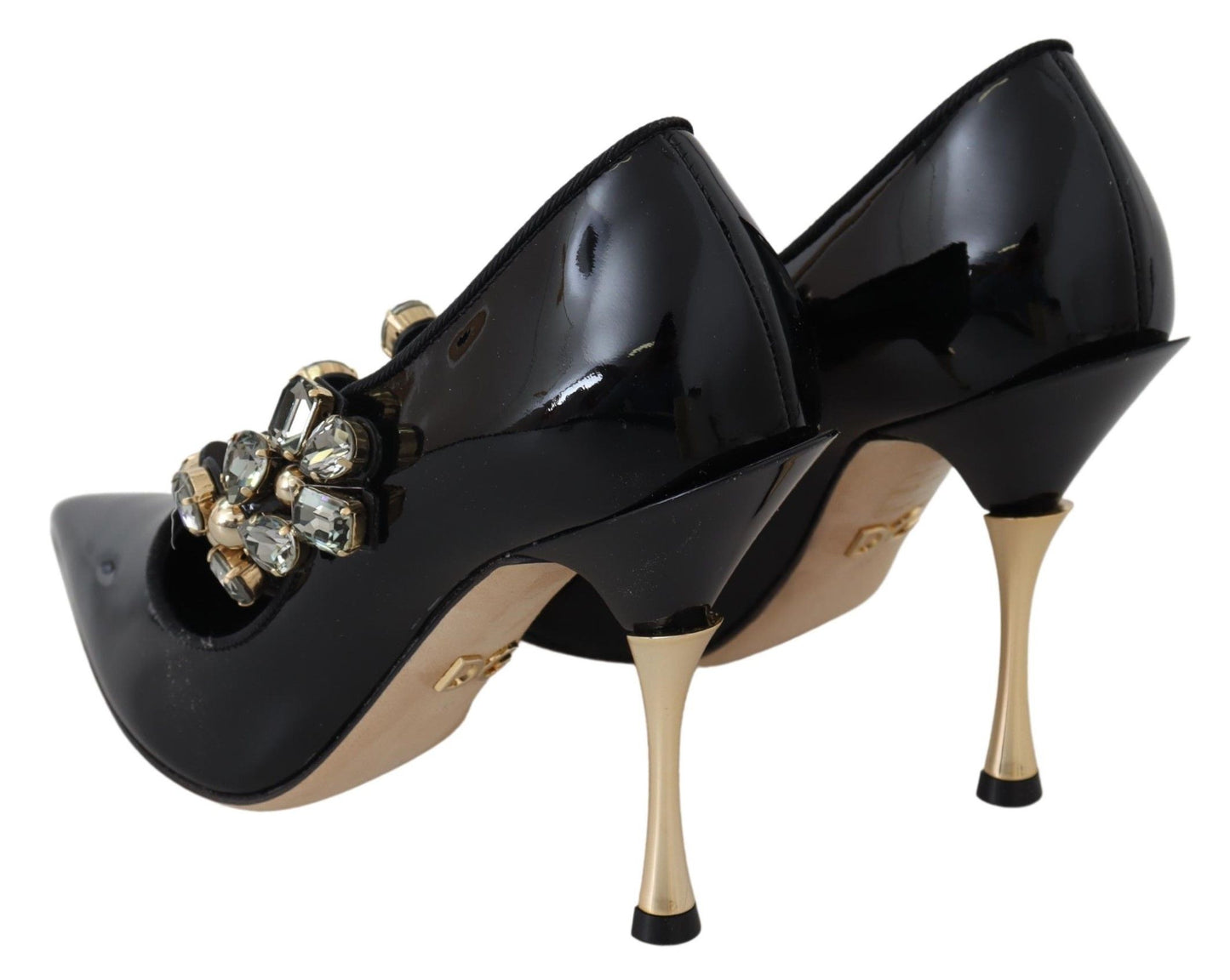 Elegantes zapatos de tacón de cristal de cuero negro