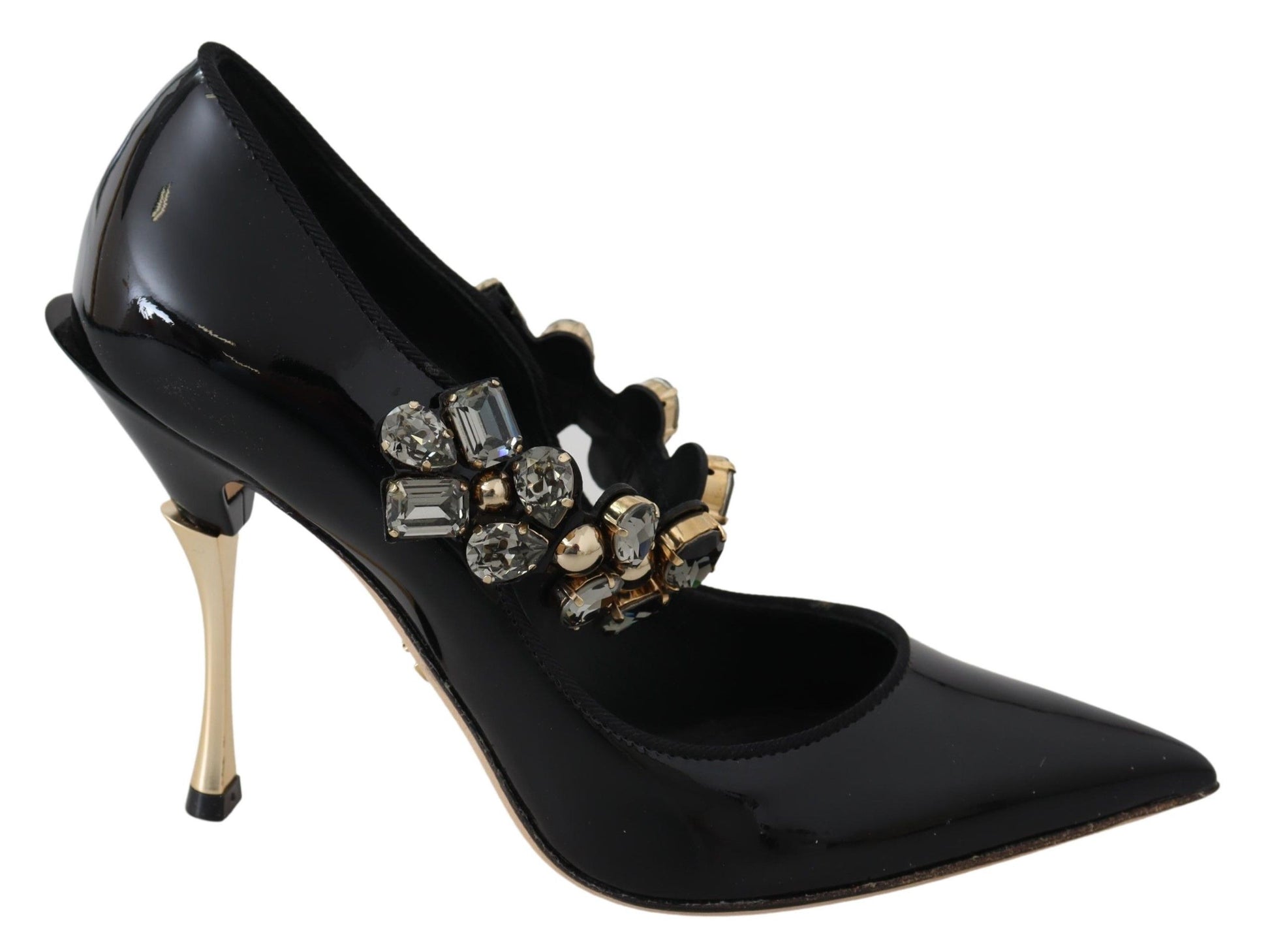 Elegantes zapatos de tacón de cristal de cuero negro