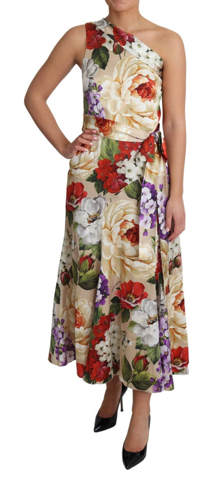 Elegante zijden maxi-jurk met één schouder en bloemenmotief