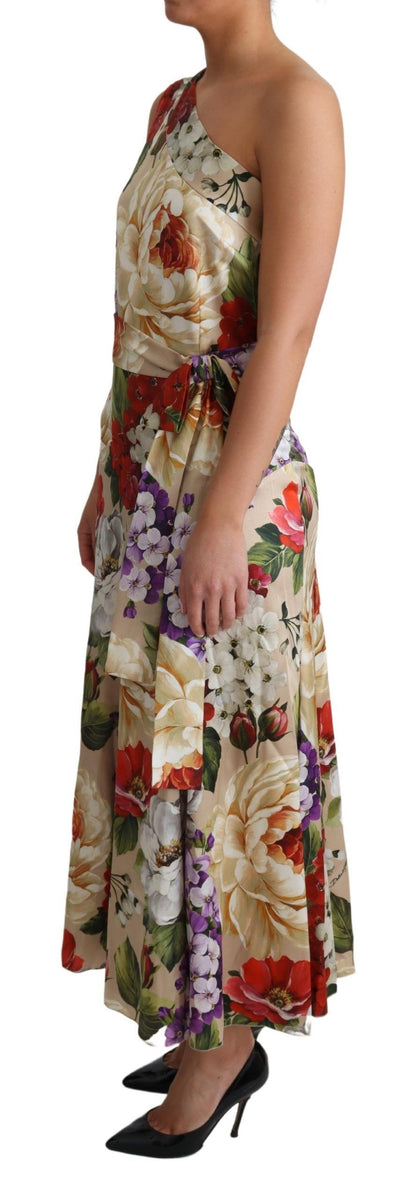 Elegante zijden maxi-jurk met één schouder en bloemenmotief