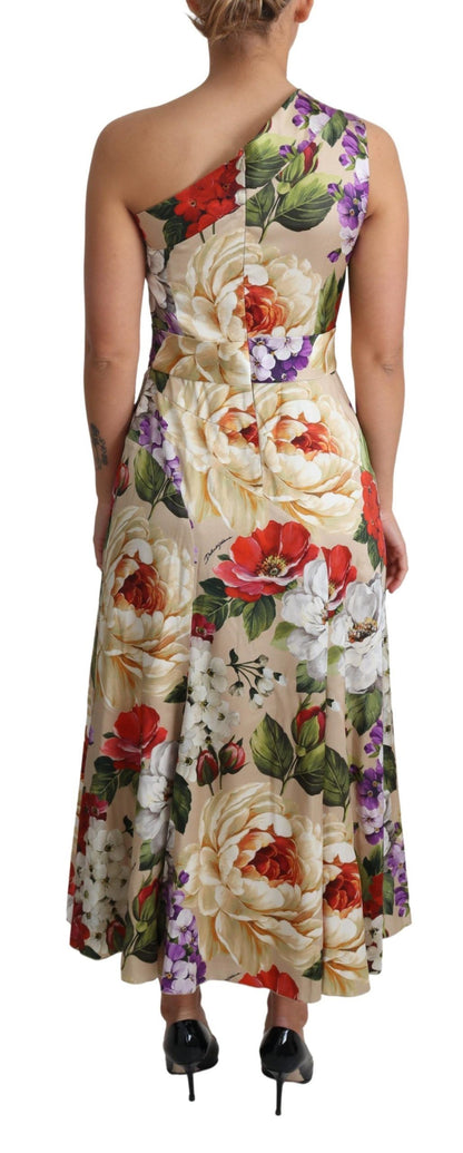 Elegante zijden maxi-jurk met één schouder en bloemenmotief