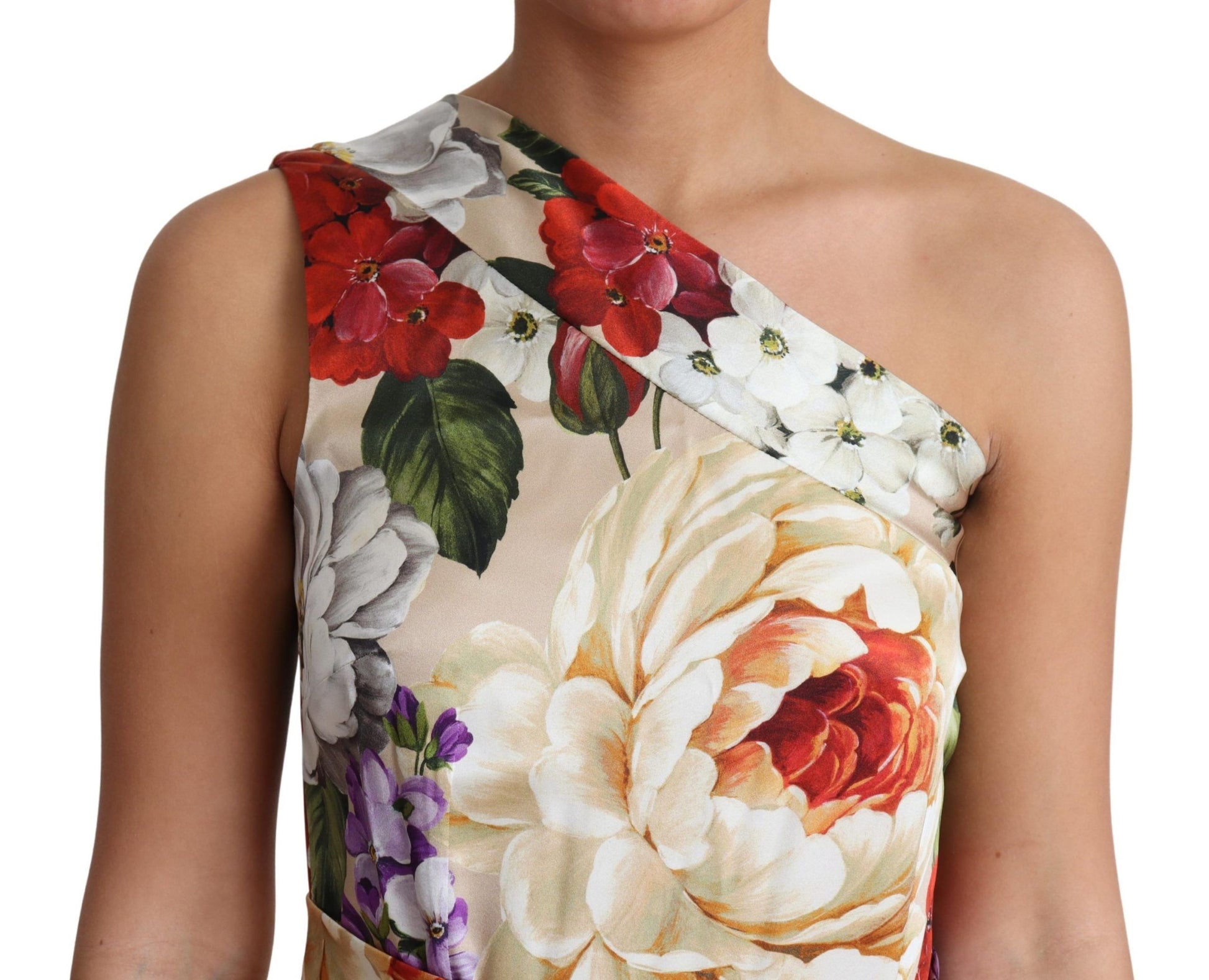 Elegante zijden maxi-jurk met één schouder en bloemenmotief