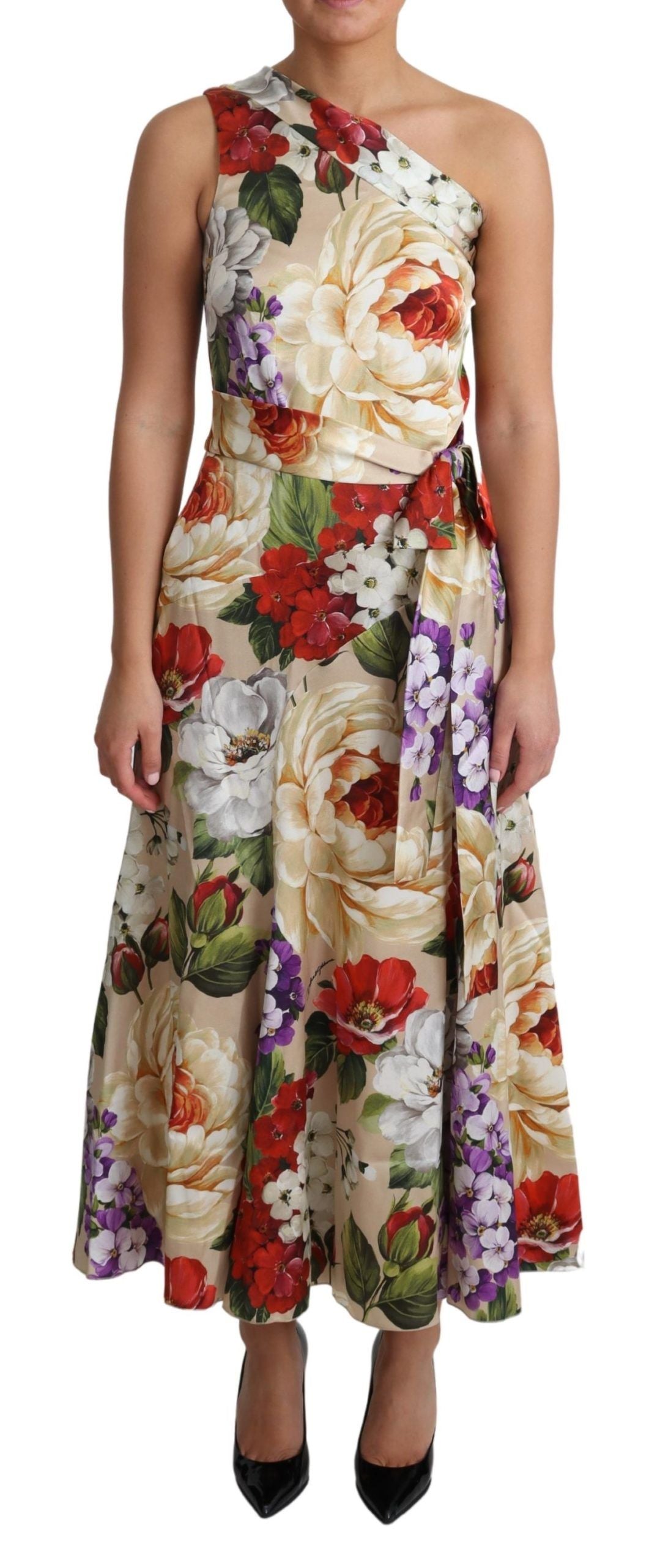 Elegante zijden maxi-jurk met één schouder en bloemenmotief