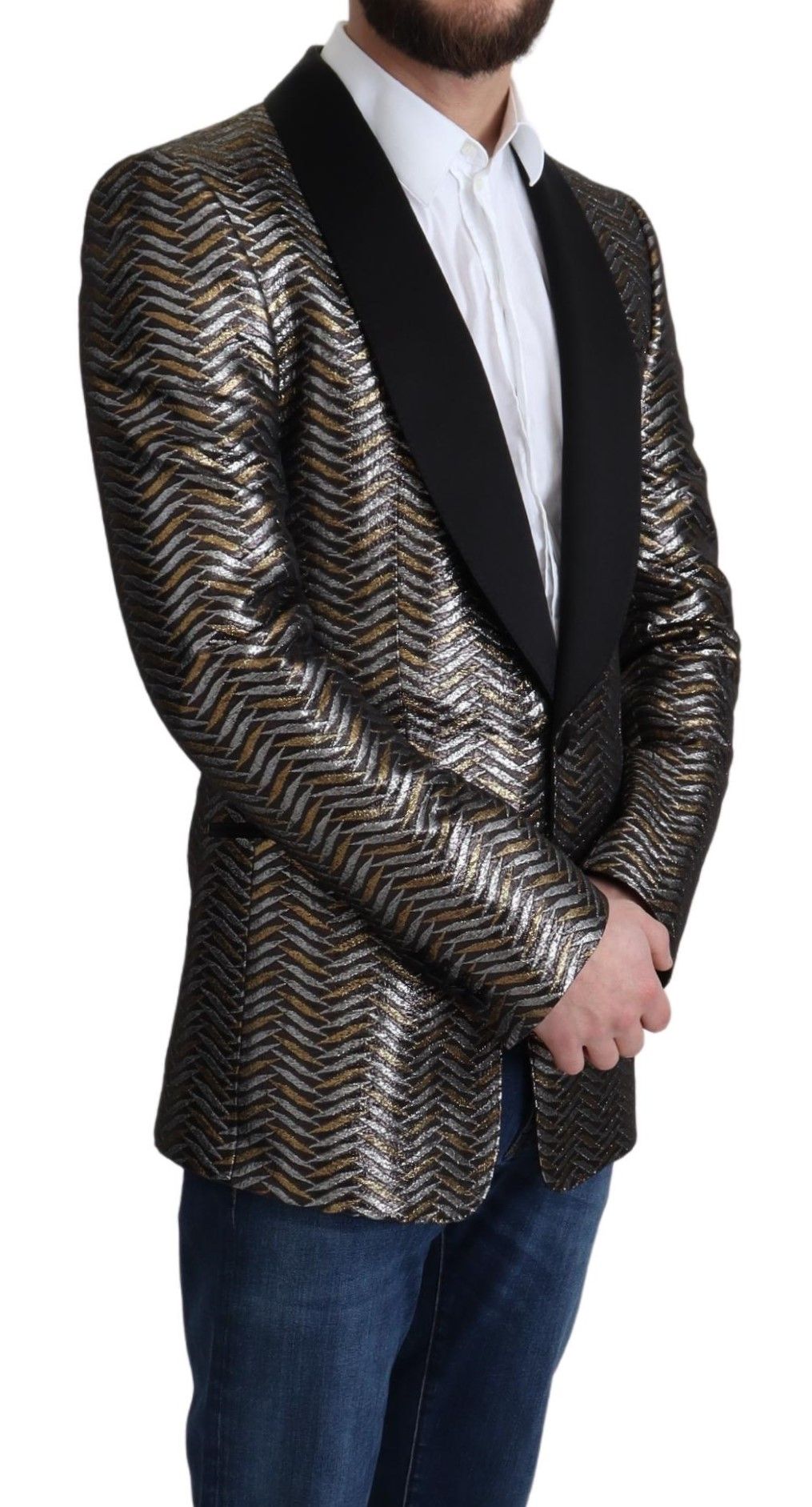 Elegante chaqueta tipo blazer entallada de jacquard metalizado