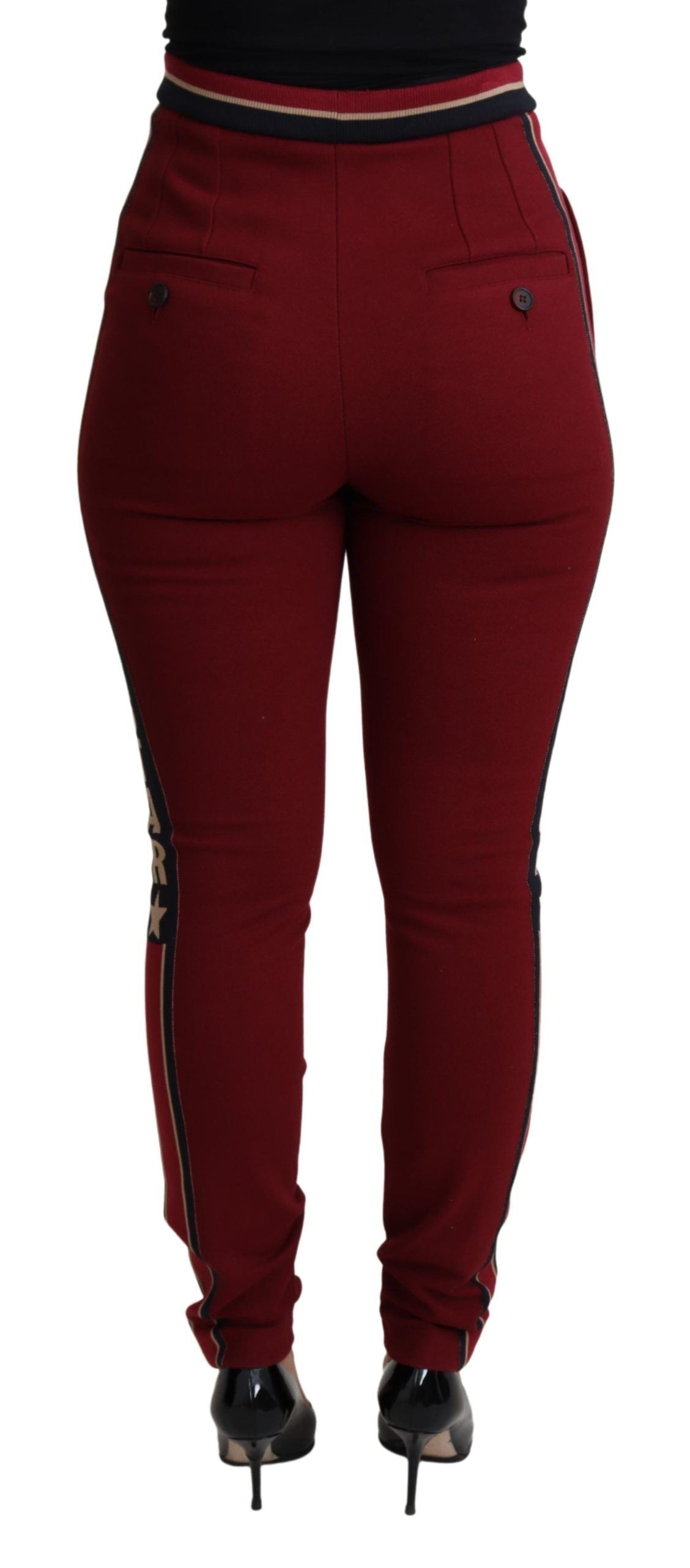 Geborduurde rode skinny broek met hoge taille