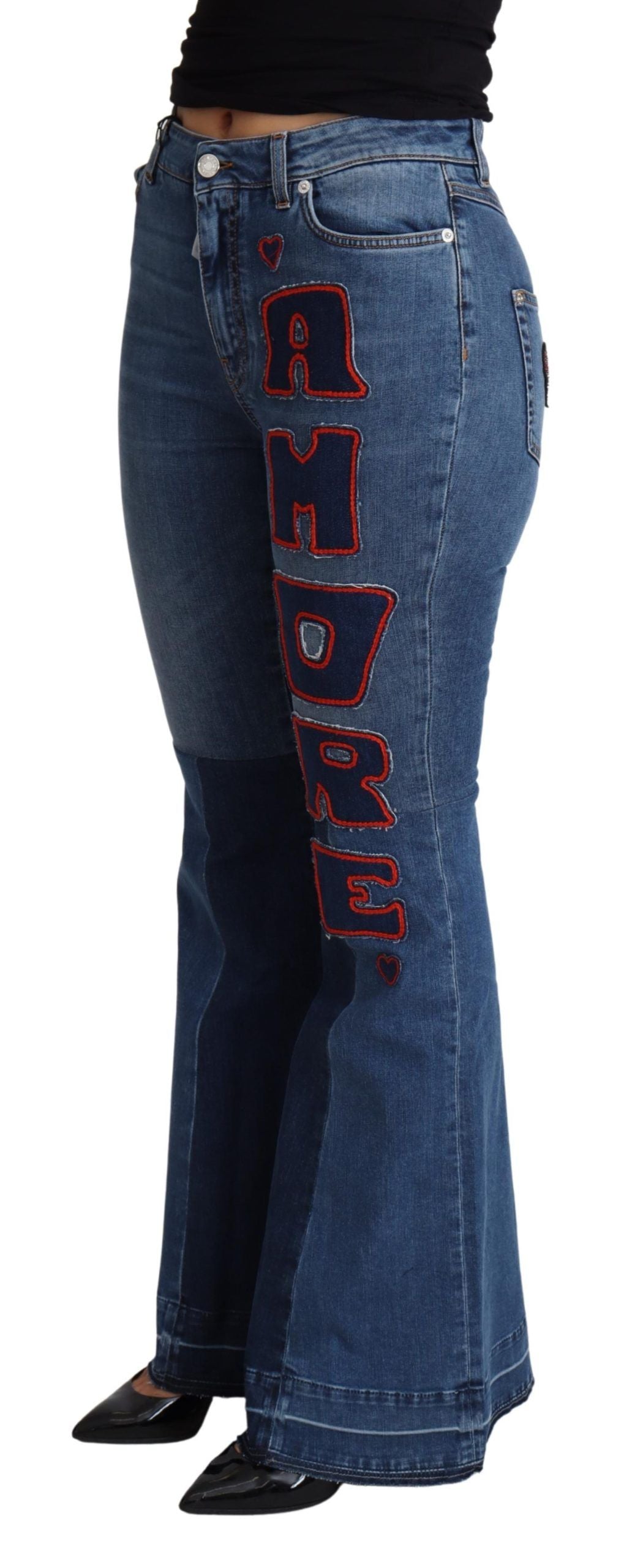 Blauwe Amore Patch Boot Cut katoenen stretchbroek