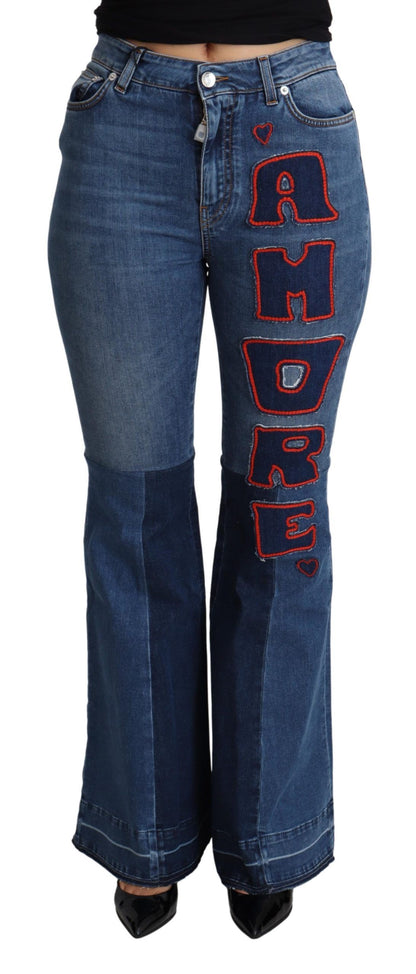 Blauwe Amore Patch Boot Cut katoenen stretchbroek