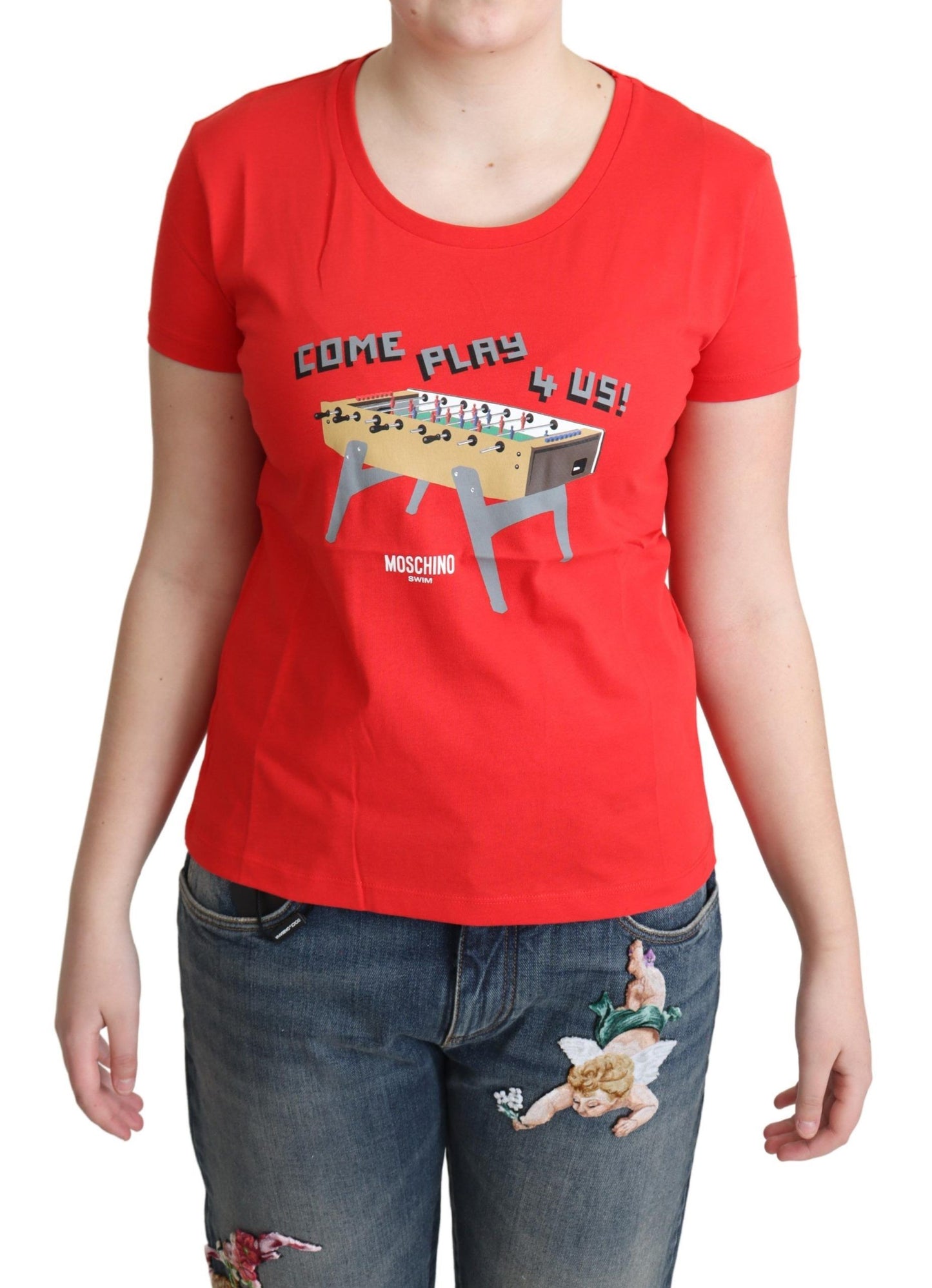 Chic Red Cotton Tee with Playful Print