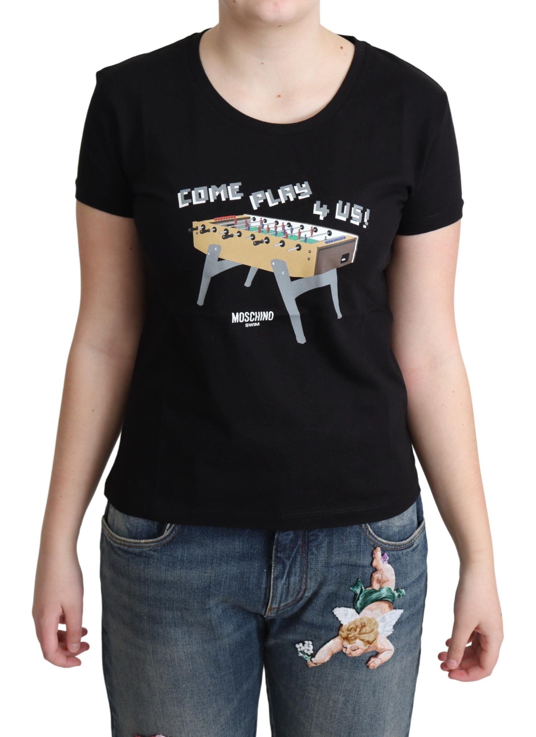 Chique zwart katoenen T-shirt met speelse print