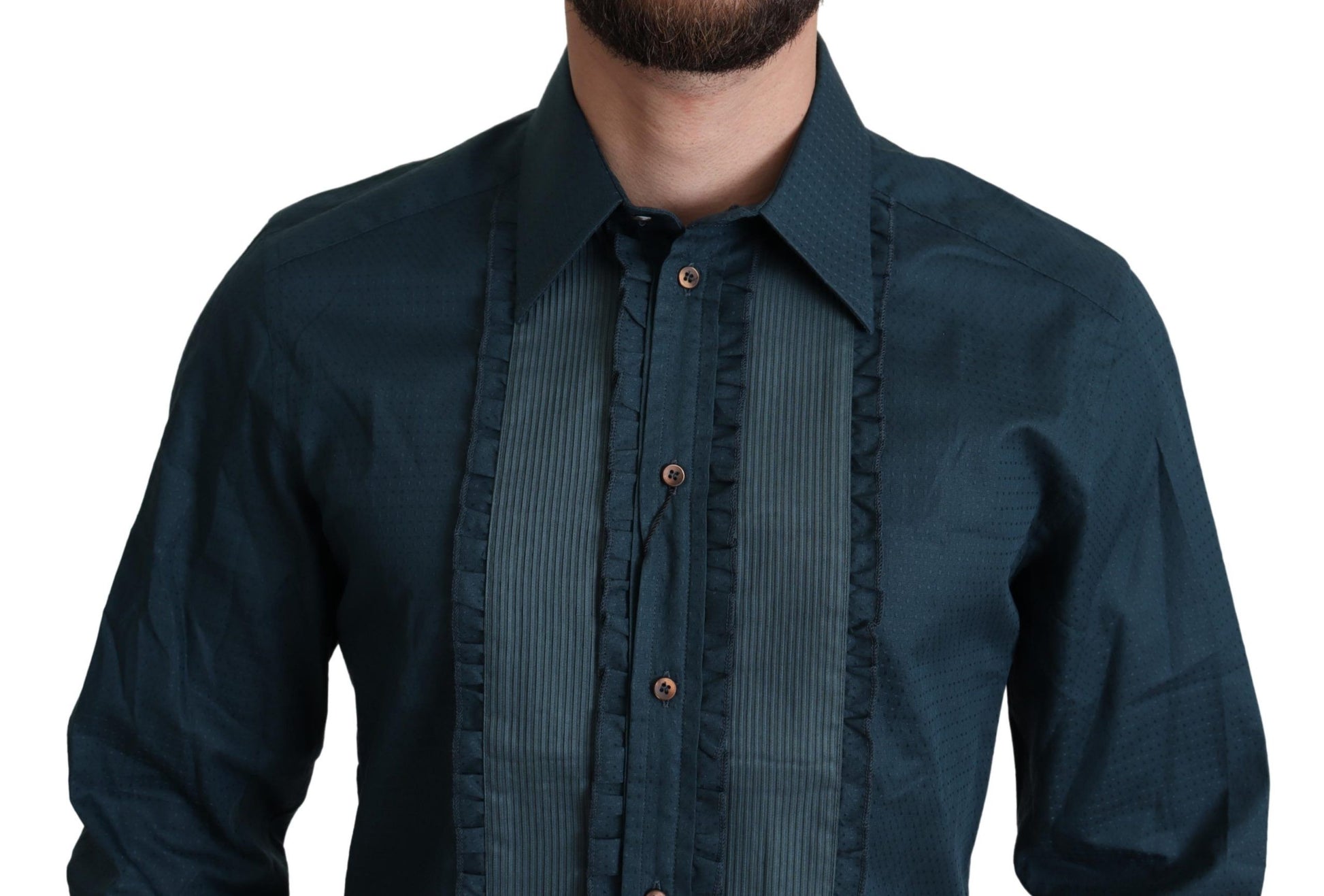 Camisa de esmoquin azul elegante con volantes