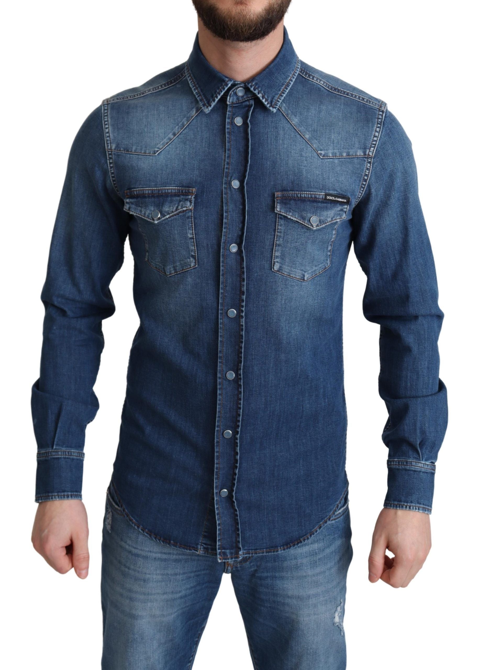 Blauw katoenen stretch denim overhemd met lange mouwen