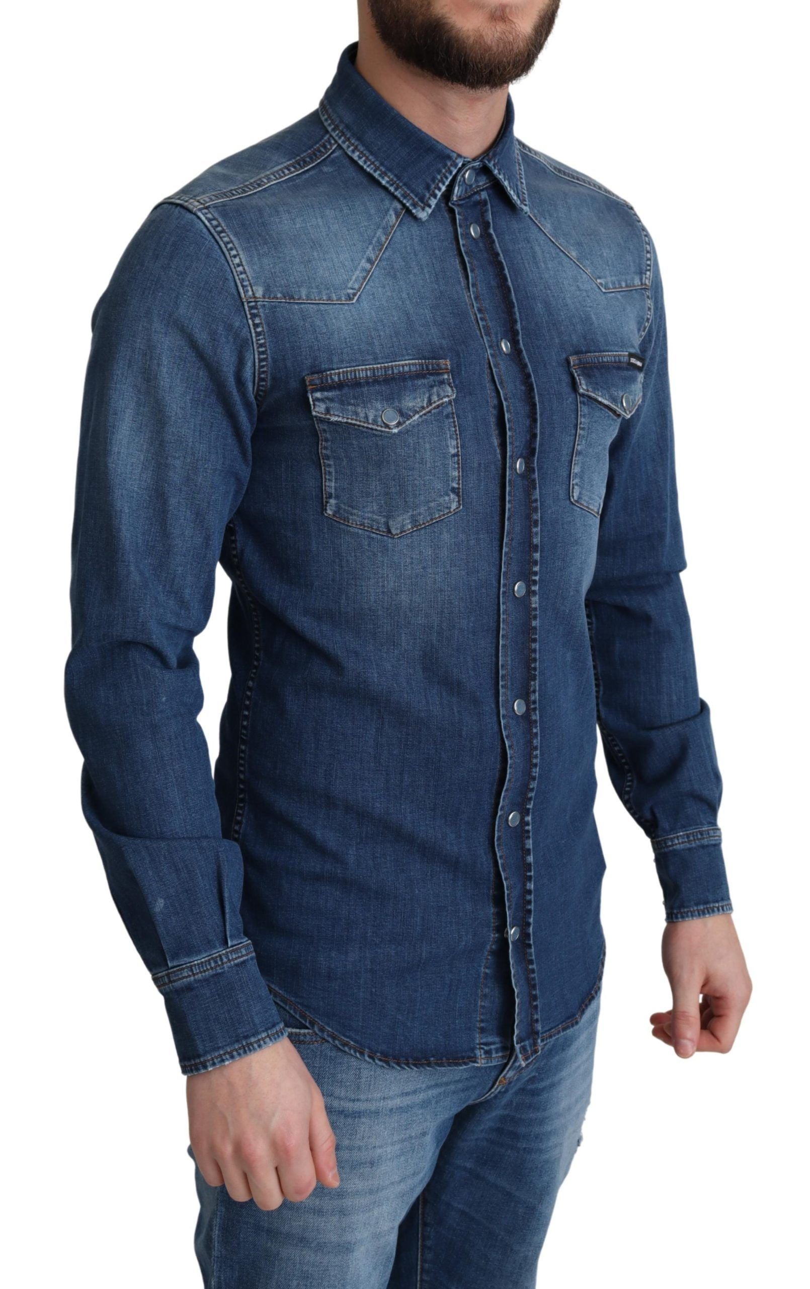 Blauw katoenen stretch denim overhemd met lange mouwen