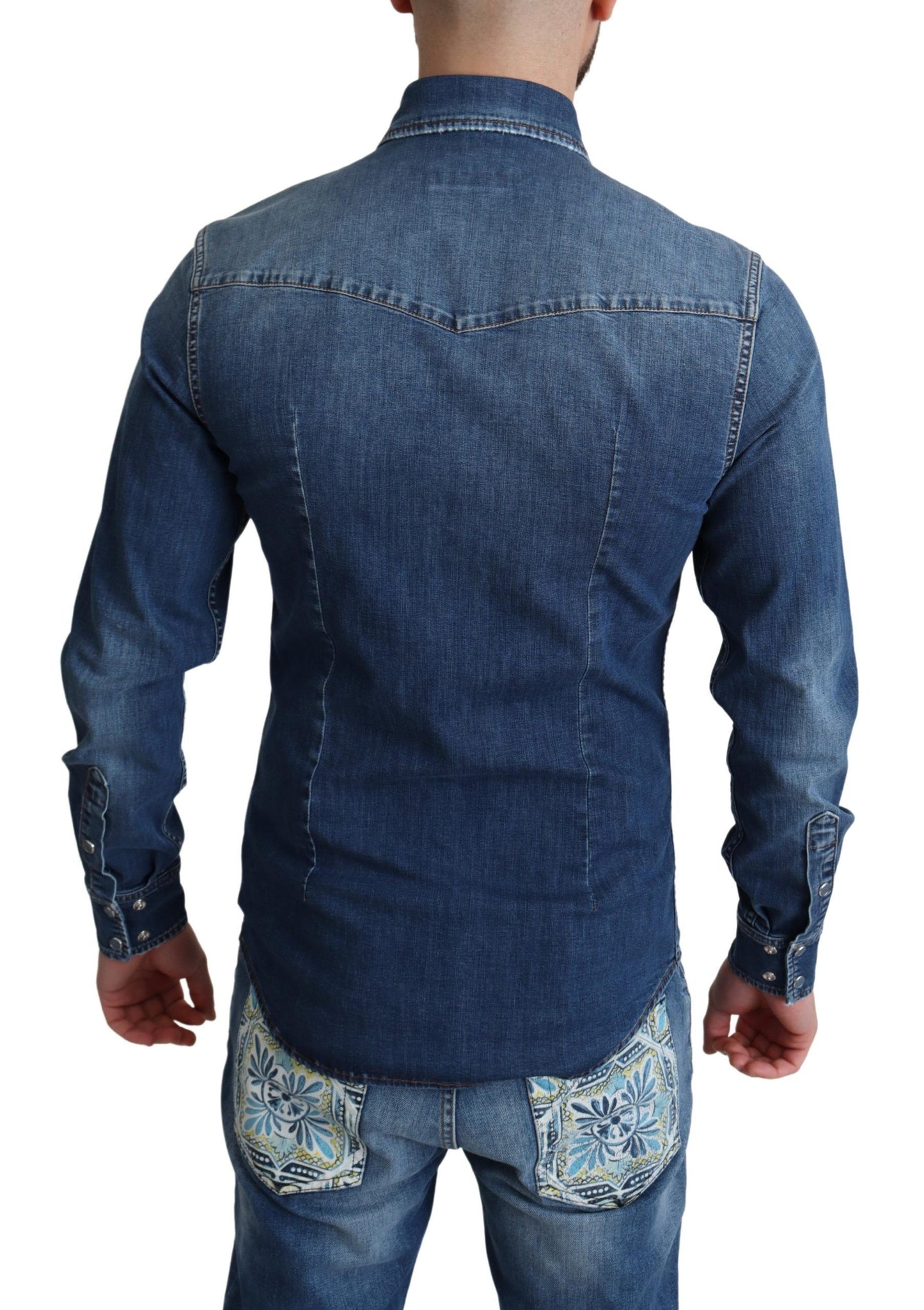 Blauw katoenen stretch denim overhemd met lange mouwen