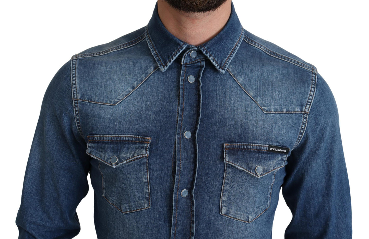 Blauw katoenen stretch denim overhemd met lange mouwen