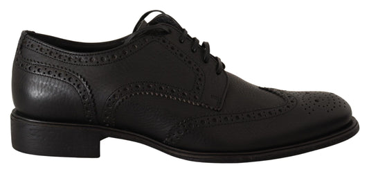 Elegantes zapatos Derby de cuero negro con punta de ala