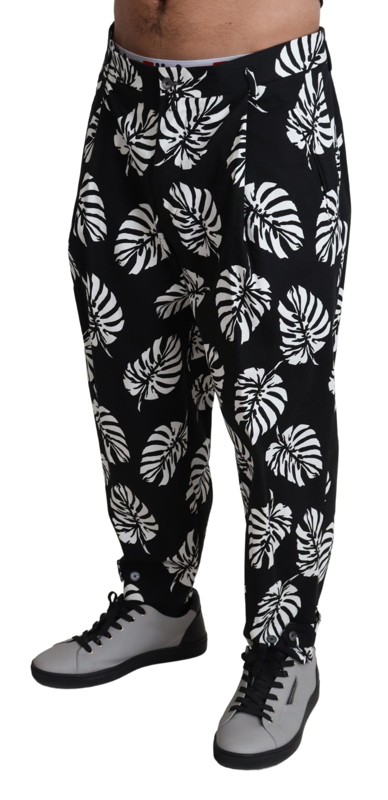 Elegant Palm Leaf Print Cotton Trousers