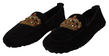 Elegant Black Leather Loafer Slides with Gold Embroidery