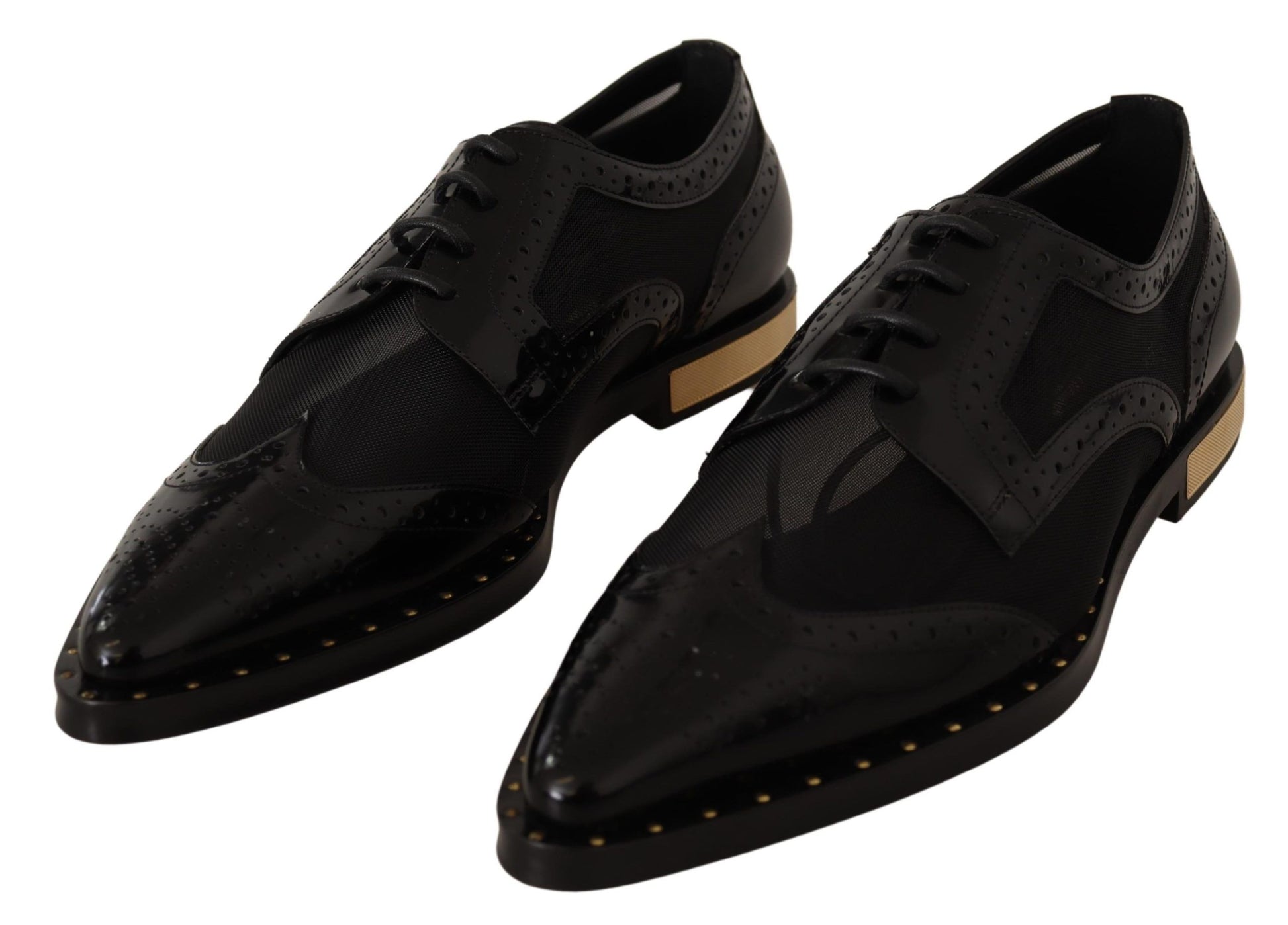 Elegantes zapatos con cordones Oxford negros con adornos dorados