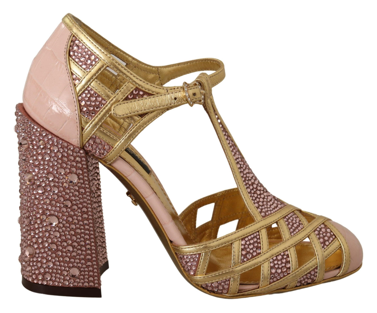 Zapatos de tacón con cristales de cuero con infusión de seda en oro rosa