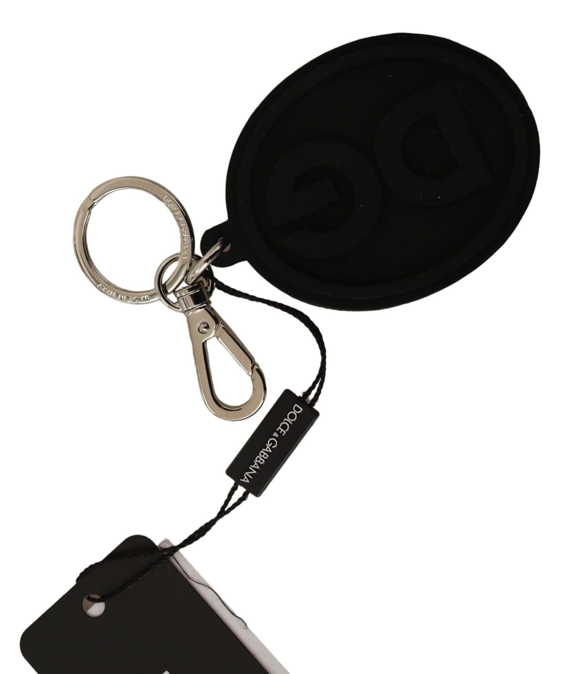 Chique sleutelhanger met logo van zwart rubber en messing