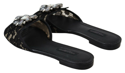 Elegant Black Lace Mules with Jewel Flower Detail