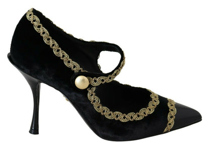 Elegante goudgeborduurde zwarte fluwelen pumps