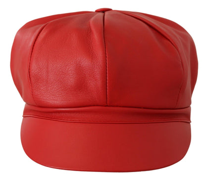 Chic Red Leather Cabbie Cap