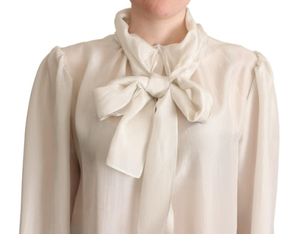 Elegante lichtgrijze zijden Ascot-blouse