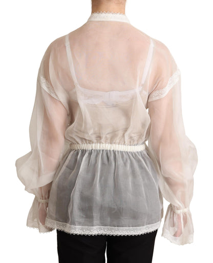 Elegante blusa Ascot de algodón y seda blanca