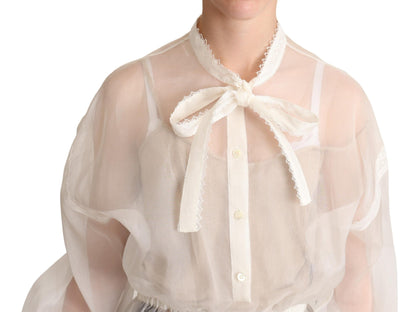 Elegante blusa Ascot de algodón y seda blanca