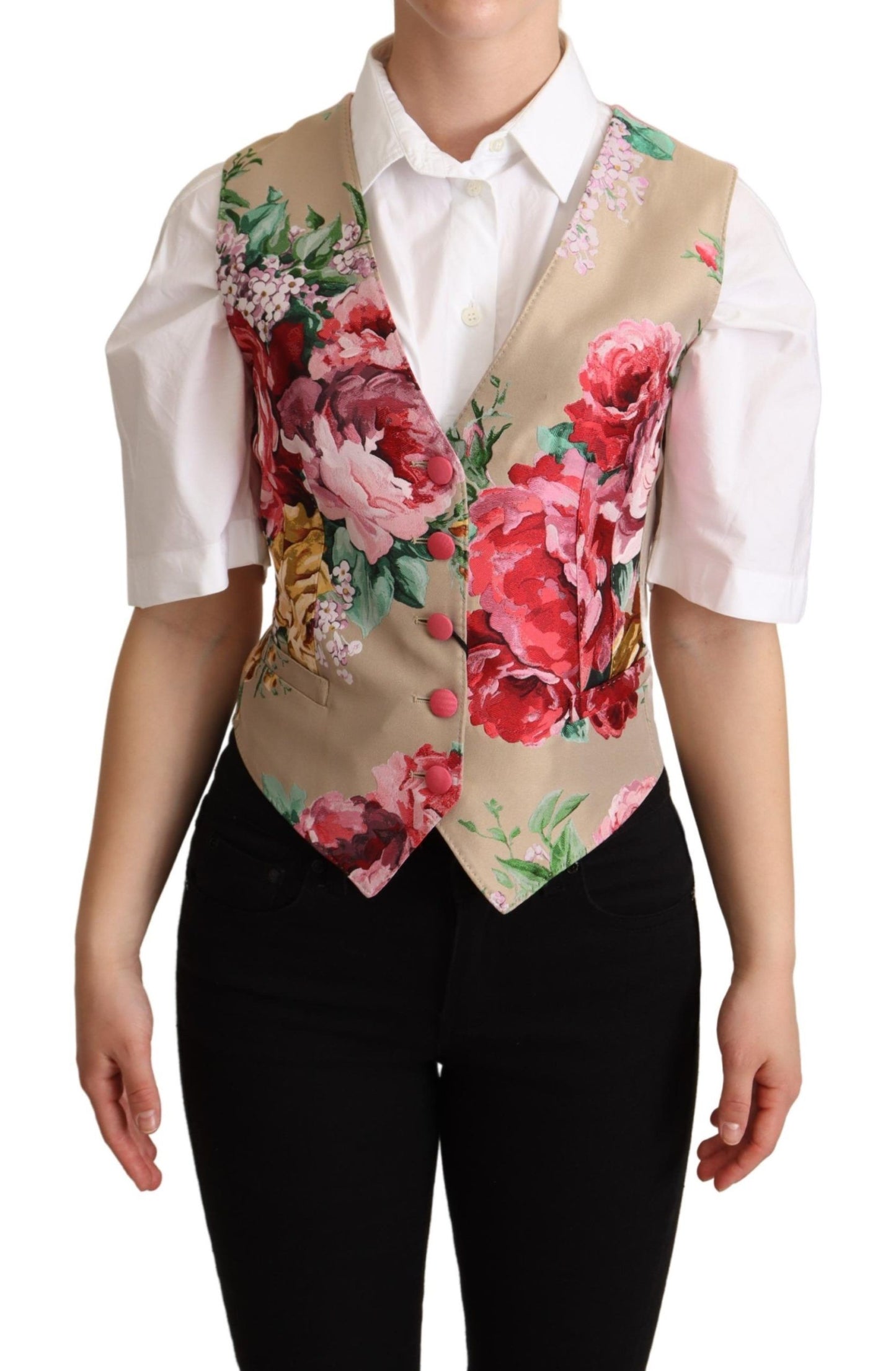 Elegant bloemenbeige mouwloos vest