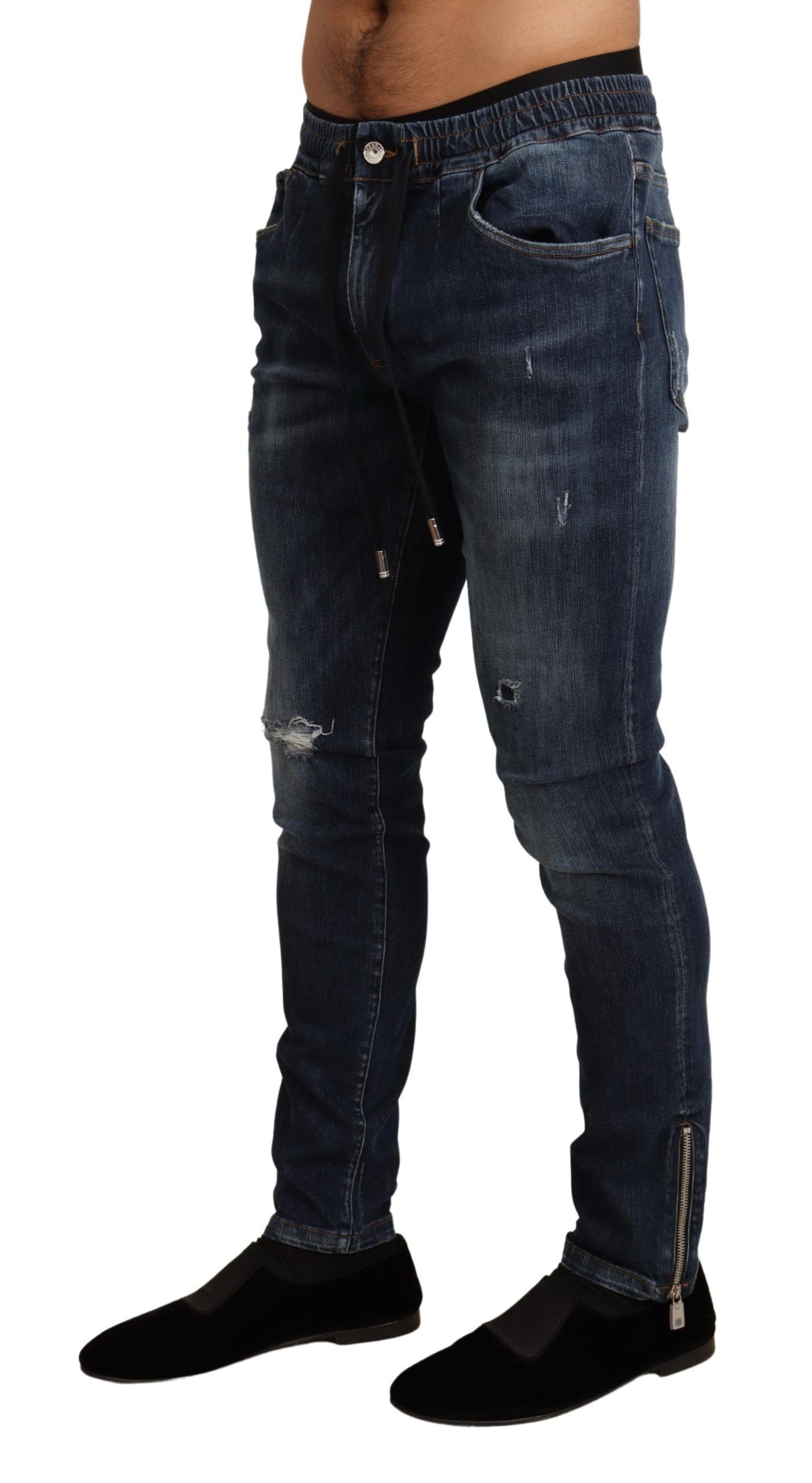 Blauwe katoenen stretch gescheurde denim jeans