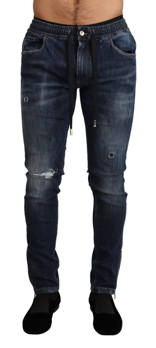 Blauwe katoenen stretch gescheurde denim jeans