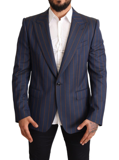 Elegante blazer de lana a rayas azules de corte slim