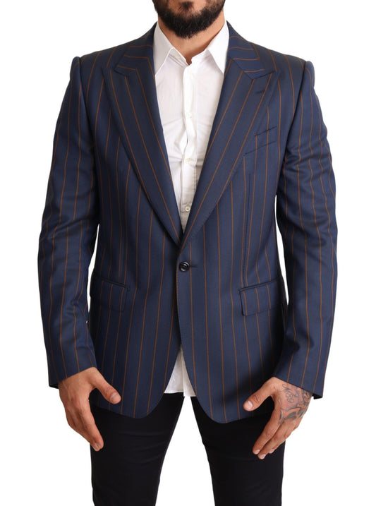 Elegante slim-fit blauw gestreepte wollen blazer