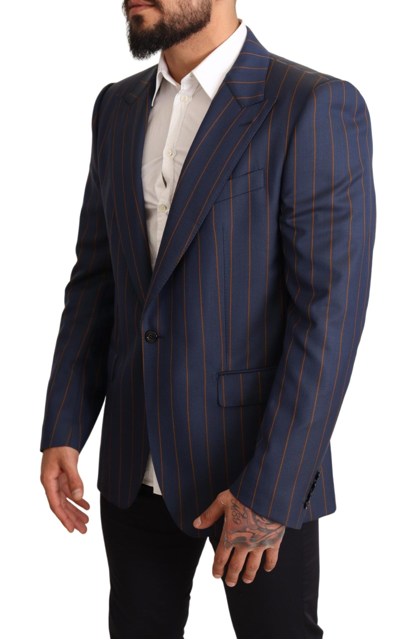 Elegante blazer de lana a rayas azules de corte slim