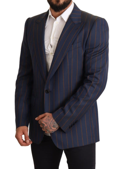 Elegante slim-fit blauw gestreepte wollen blazer