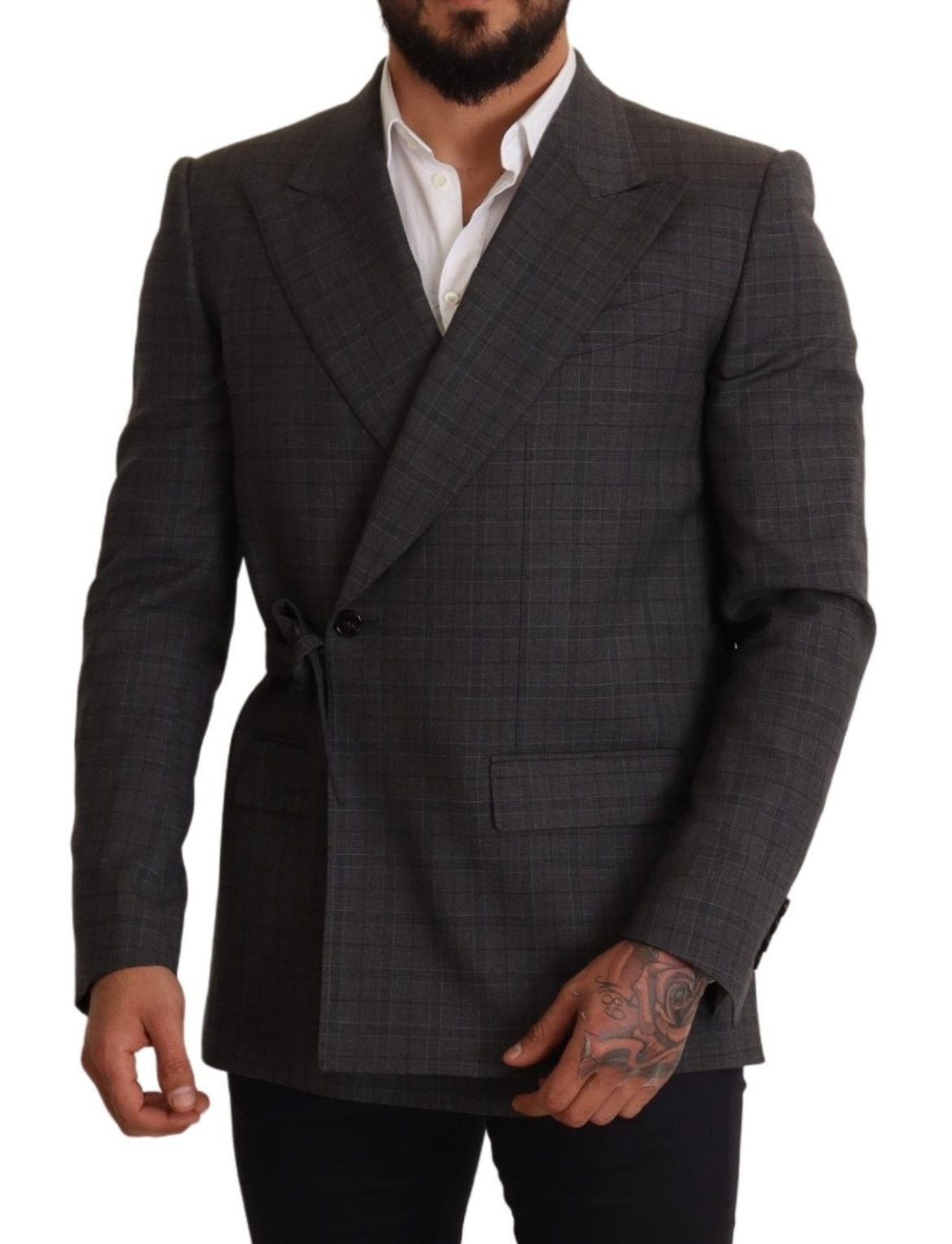 Elegante blazer cruzado de corte slim Martini a cuadros gris