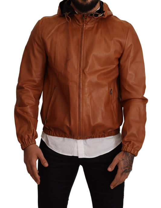 Elegante chaqueta bomber de cuero marrón