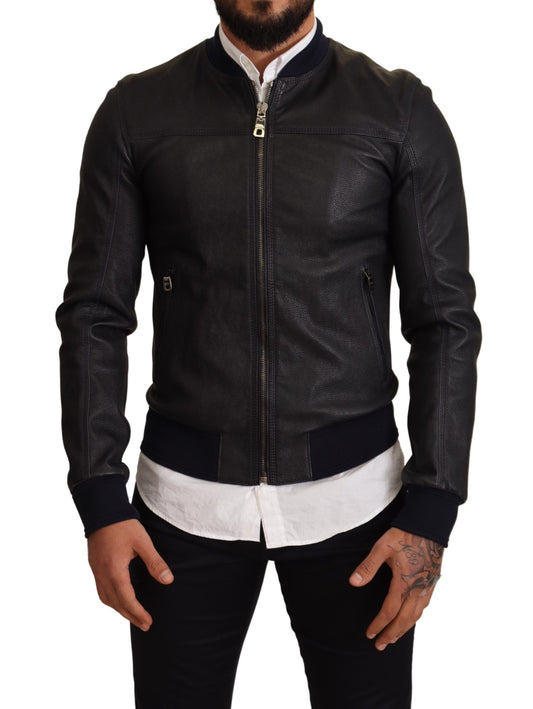 Elegante chaqueta bomber de cuero en azul oscuro