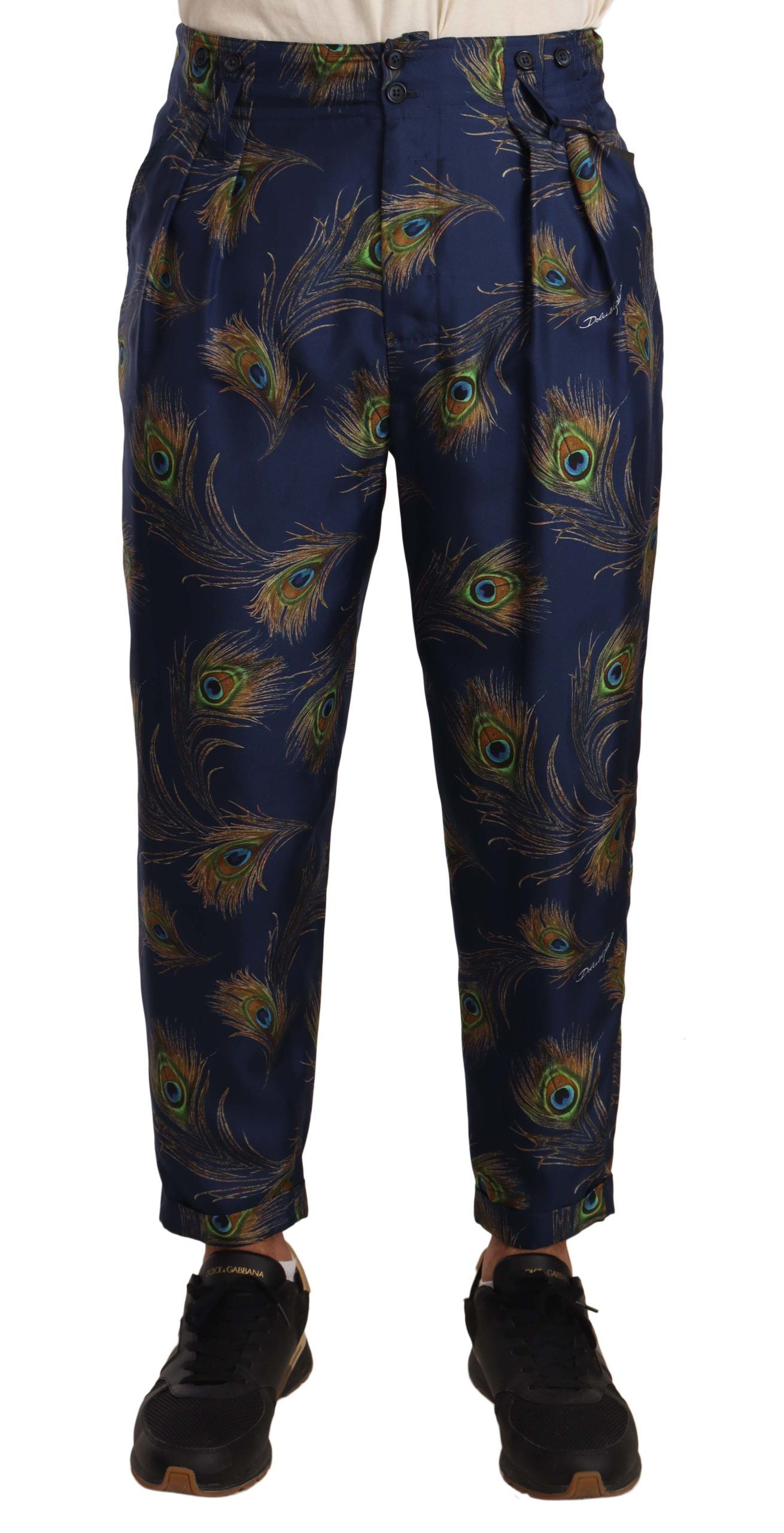 Exquisitos pantalones de seda con estampado de pavo real