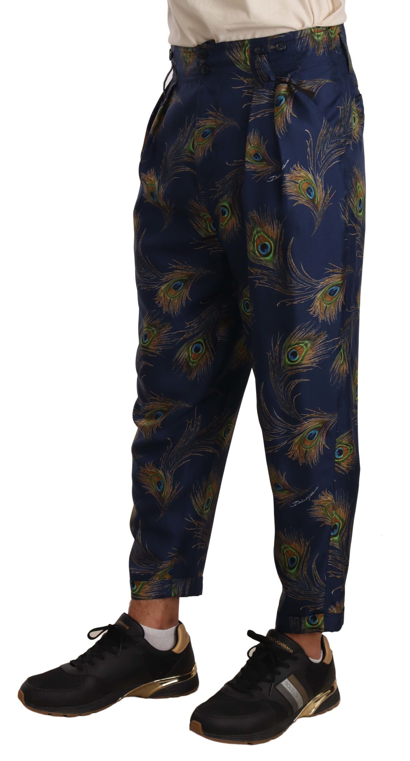 Prachtige zijden broek met pauwprint