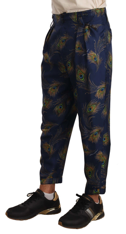 Exquisitos pantalones de seda con estampado de pavo real