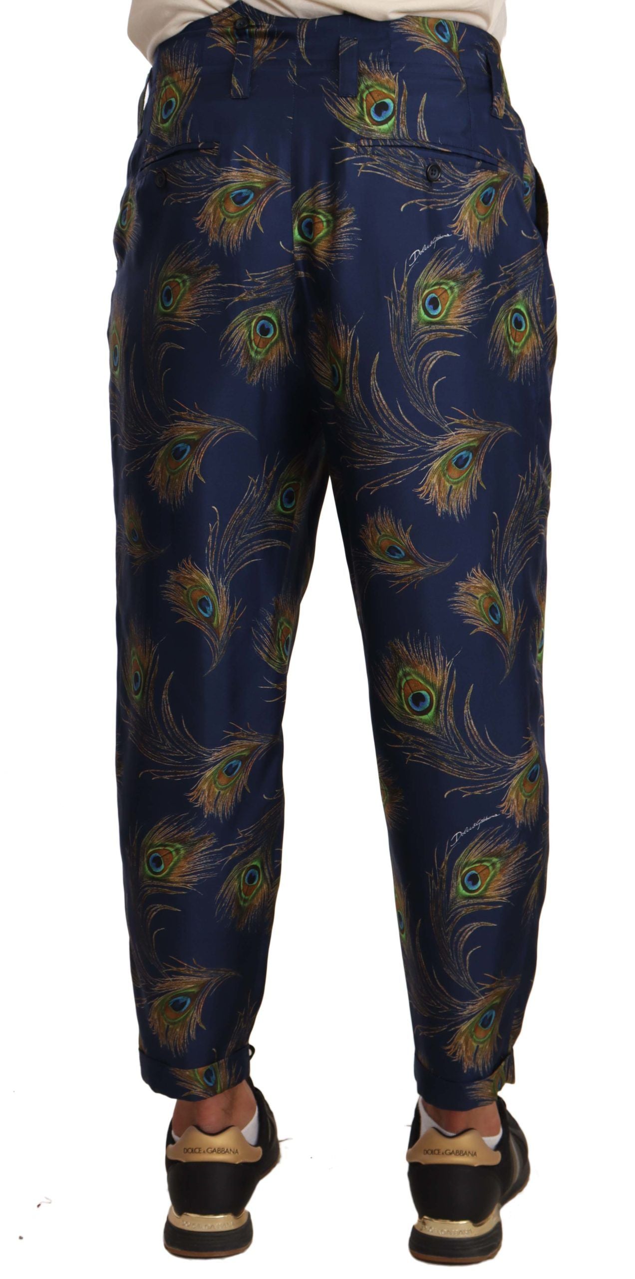 Prachtige zijden broek met pauwprint