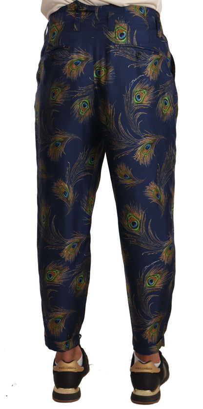 Exquisitos pantalones de seda con estampado de pavo real