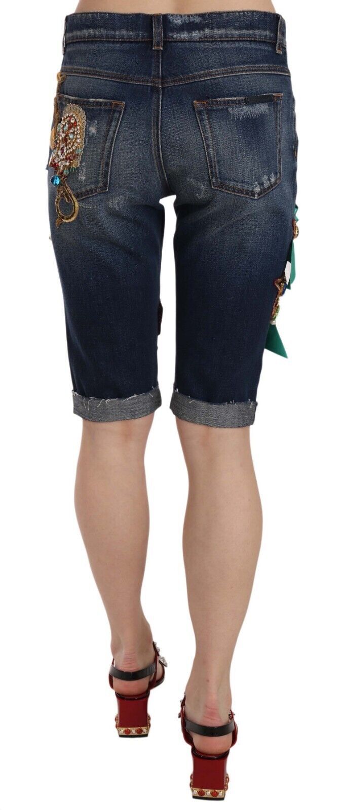 Elegante, knielange, verfraaide denimshort