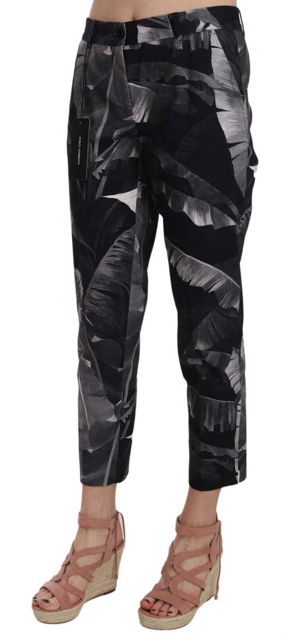 Elegant Black Banana Leaf Print Capri Pants